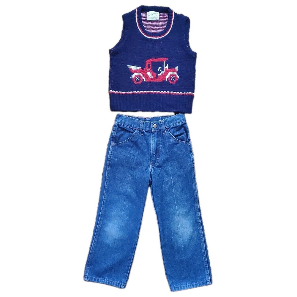 Vtg Back to School Pullover Sweater Vest/ Challenger Kids Jeans Boys Sz 6 Unisex